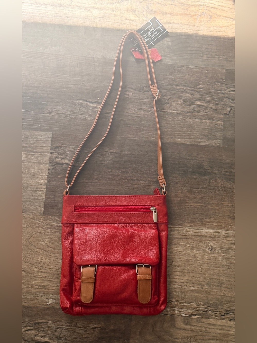 NWT Genuine Leather Red Crossbody Bag with Tan Accents - Unbranded
